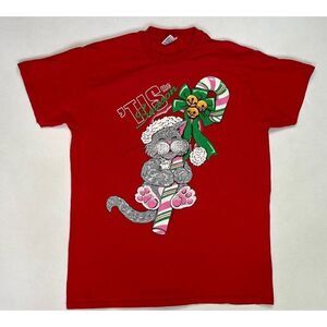 VINTAGE Its The Season Cat Holiday Graphic T-shirt Men Large Red 90s